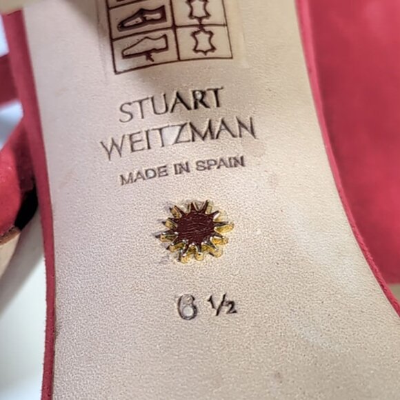 Stuart Weitzman Sandals 6.5 Red Suede  'Amelina' Block 100 Chain Sandal - Picture 10 of 11